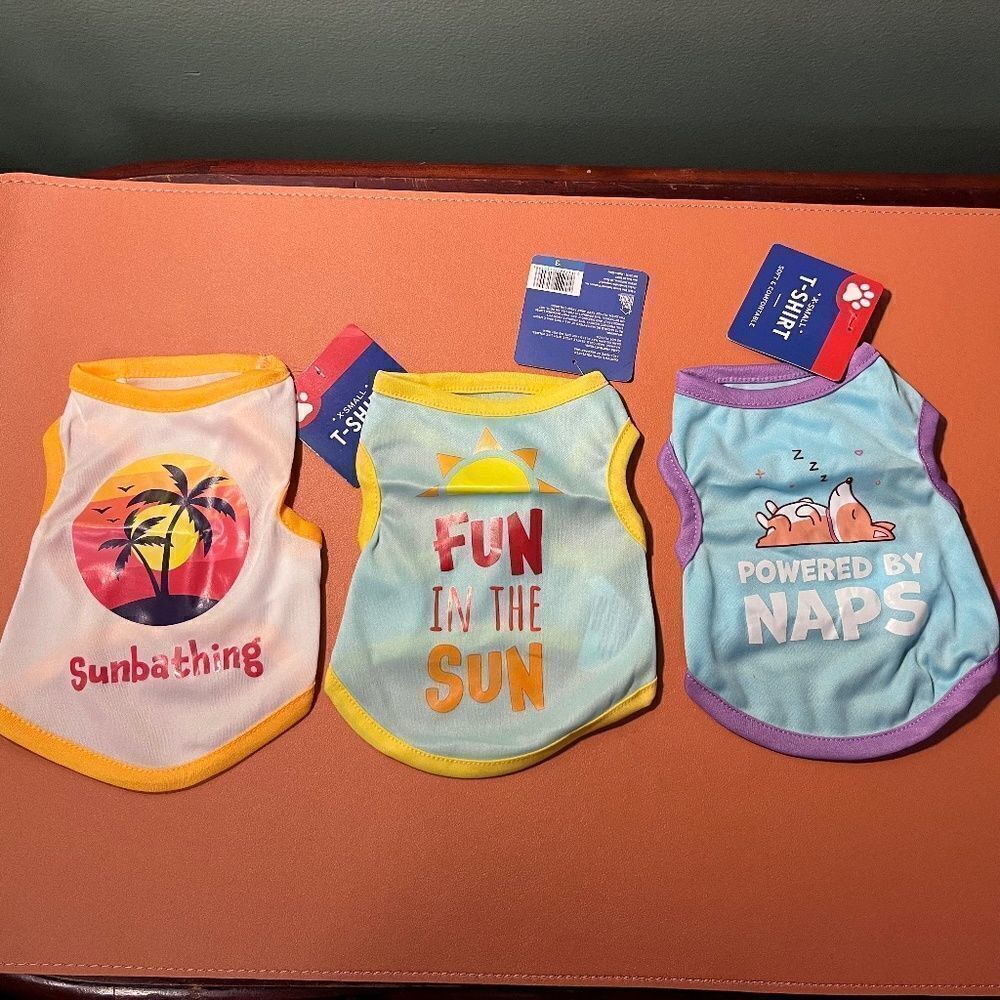 NWT 3pc Dog T-Shirts XSmall Sunbathing Powered By Naps Fun In The Sun Puppy NEW